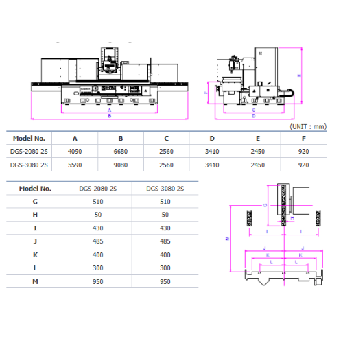 kích thước một số bộ phận trong máy mài phẳng kiểu cột DAE SAN dòng DGS-2080 2S