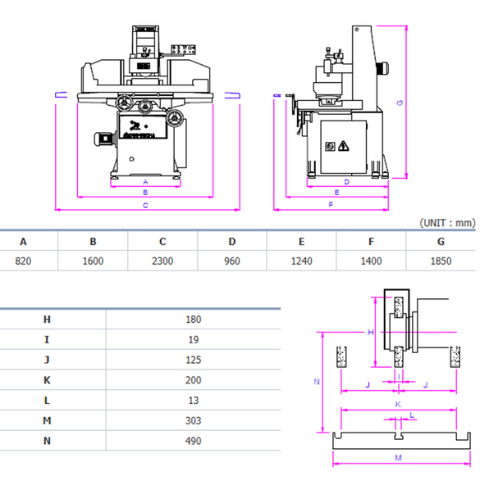 kích thước một số bộ phận trong máy mài phẳng dae san dgs-520ha