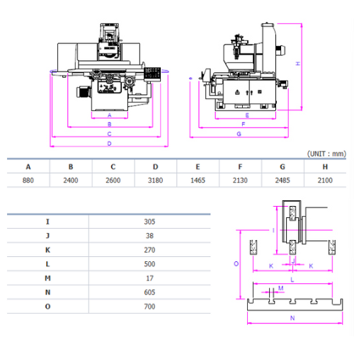 kích thước một số bộ phận trong máy mài phẳng tự động 3 trục thủy lực DAE SAN dòng DGS-650A