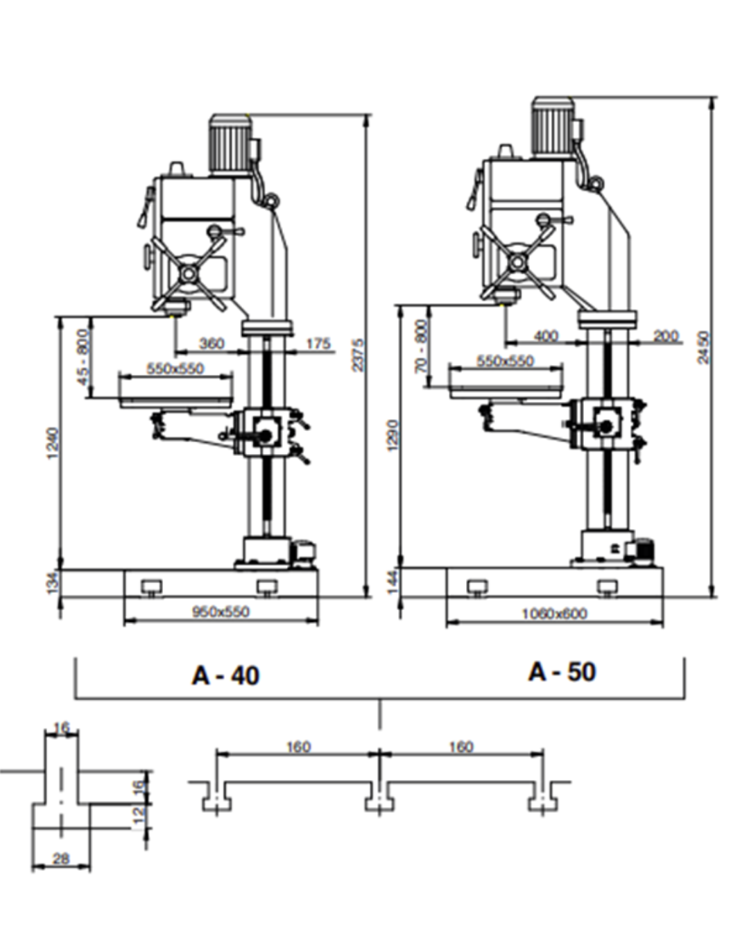 kích thước một số bộ phận ở máy khoan đứng erlo group a series