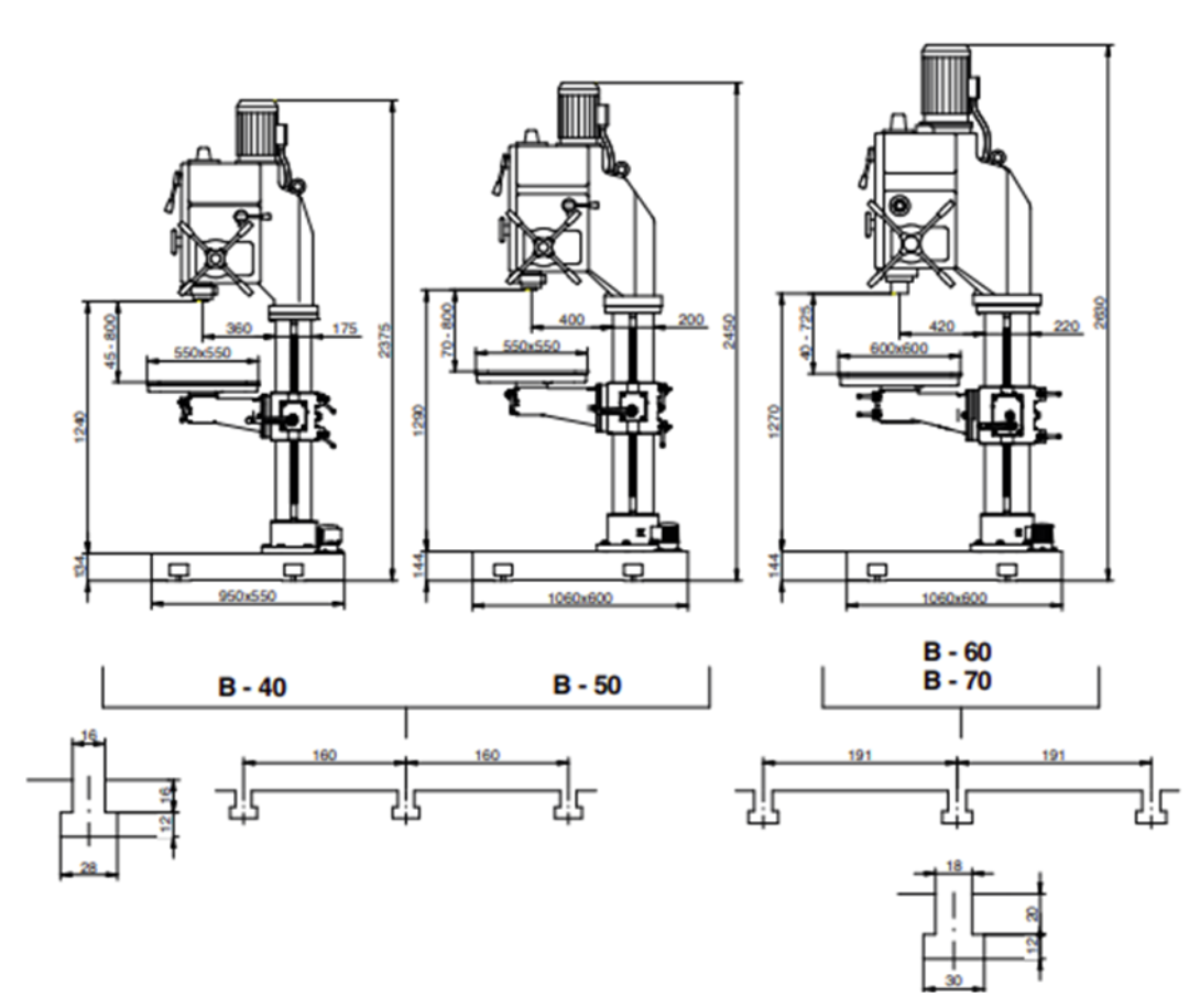 kích thước bộ phận máy khoan bàn erlo group b series 