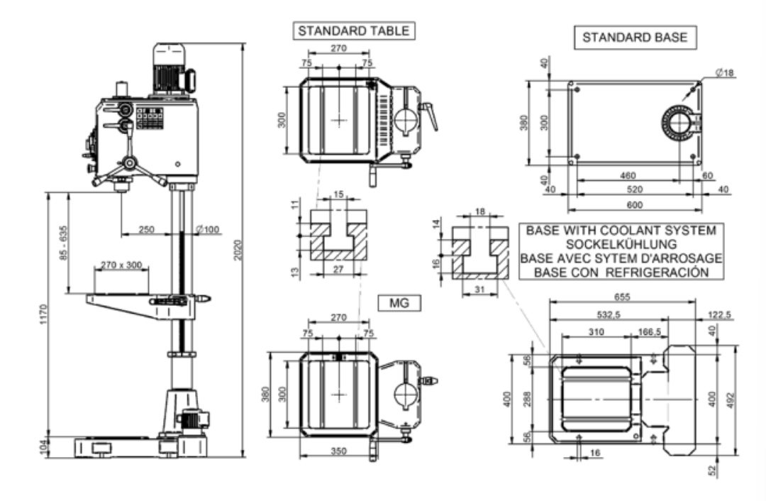 kích thước các bộ phận trong máy khoan đứng erlo group g series 