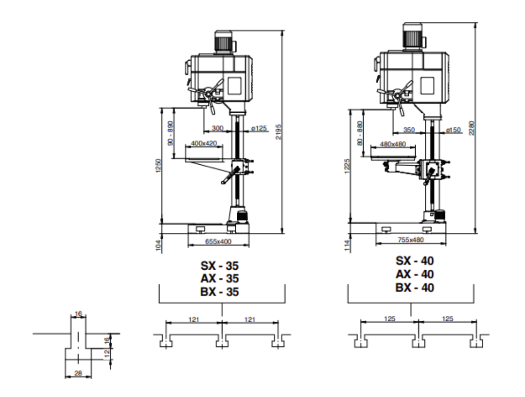 kích thước các bộ phận của máy khoan đứng erlo group x series 