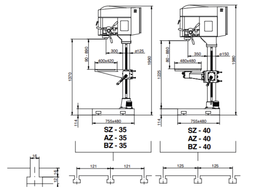 kích thước một số bộ phận trong máy khoan đứng erlo group z series 