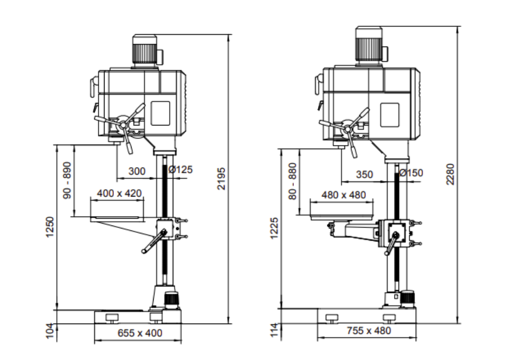 kích thước các chi tiết trên máy khoan đứng erlo group gp series 