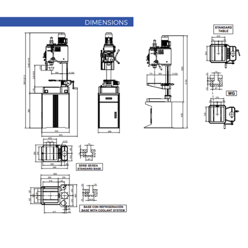 kích thước một số bộ phận máy taro bàn she series 